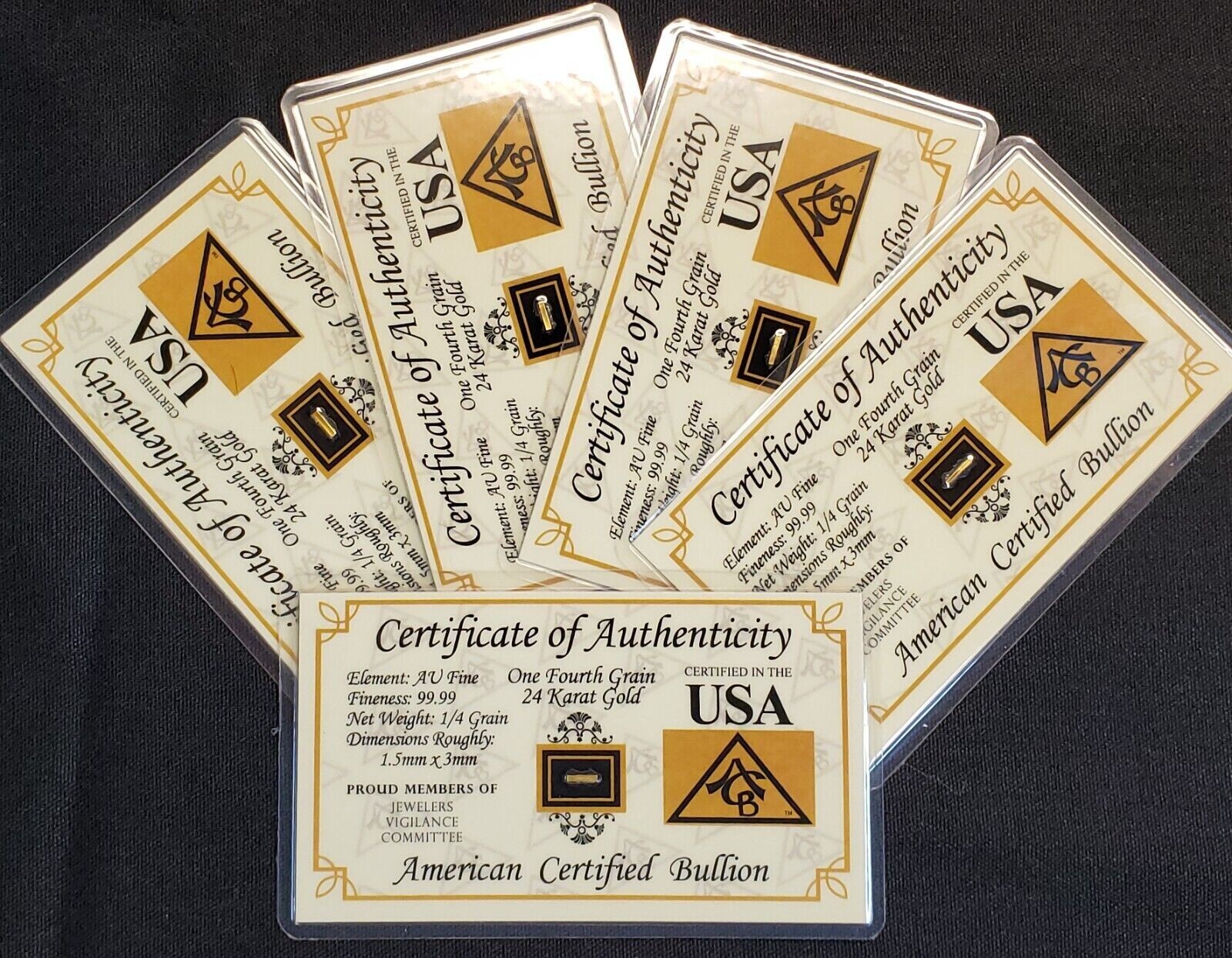 GOLD x5 ACB 1/4GRAIN 24K SOLID BULLION MINTED BAR 9999 FINE CERT/AUTHENTICITY`