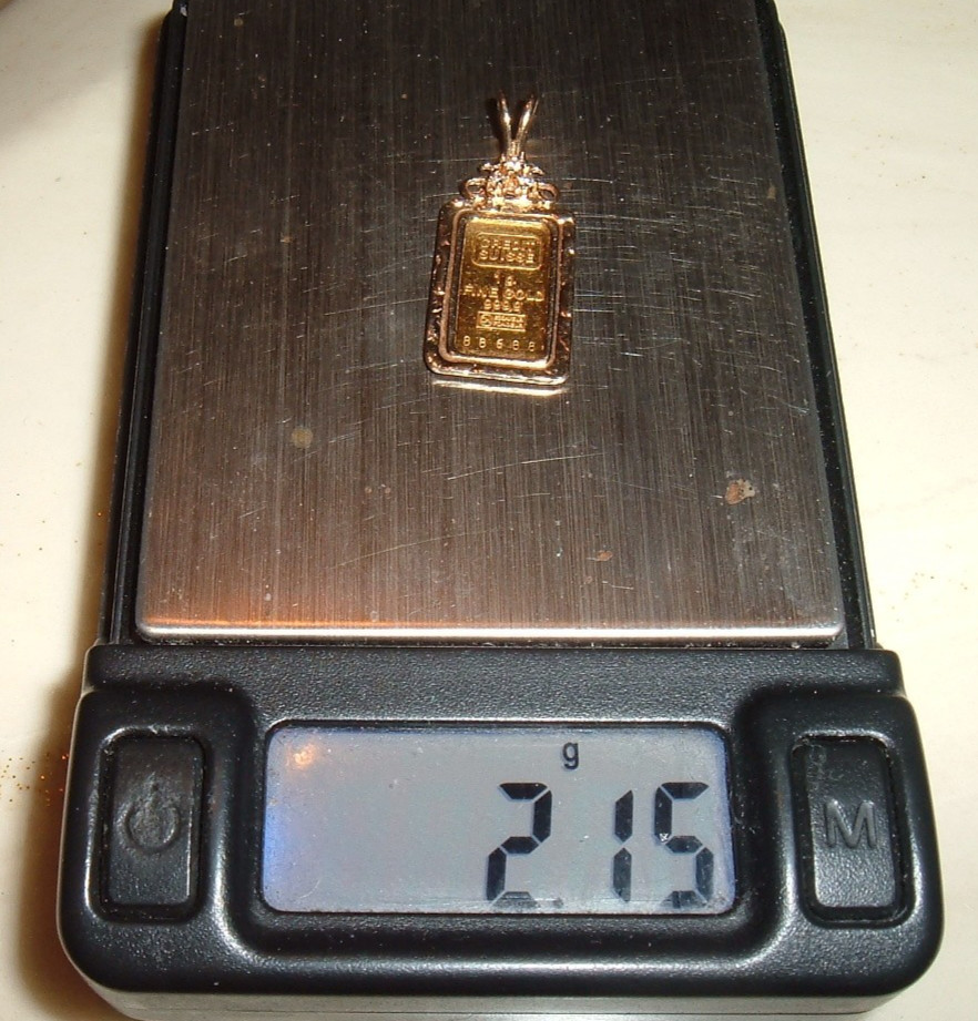 24K GOLD 3 DIAMOND Credit Suisse 999.9 FINE INGOT BAR w/ 14K PENDANT BEZEL 2.15g
