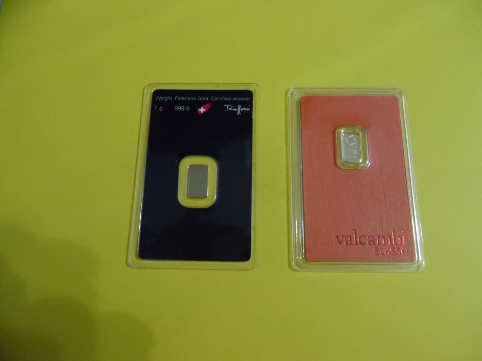 2 Gold Bars 1 Gram Each 999.9 Fine Valcambi and Argor Heraeus Sealed Assay Shown