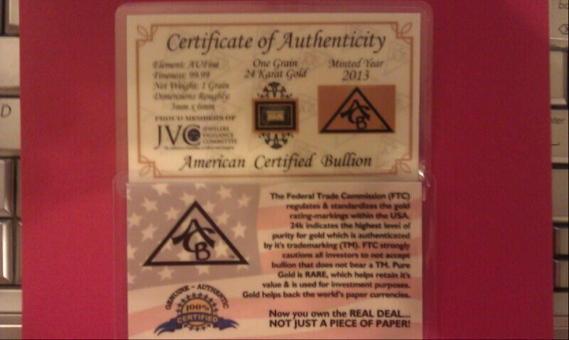 x5 ACB PURE 24k Gold BULLION 1Grain BAR 99.99 FINE WITH CERTIFICATES