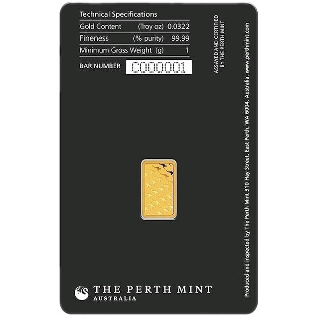 1g Gold Bar Kangaroo Kangaroo Perth Mint 999.9 Fine Gold in Blister