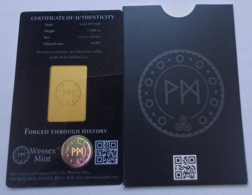 1/1000th oz Liberty 999.9 24ct Gold Bar by Wessex Mint