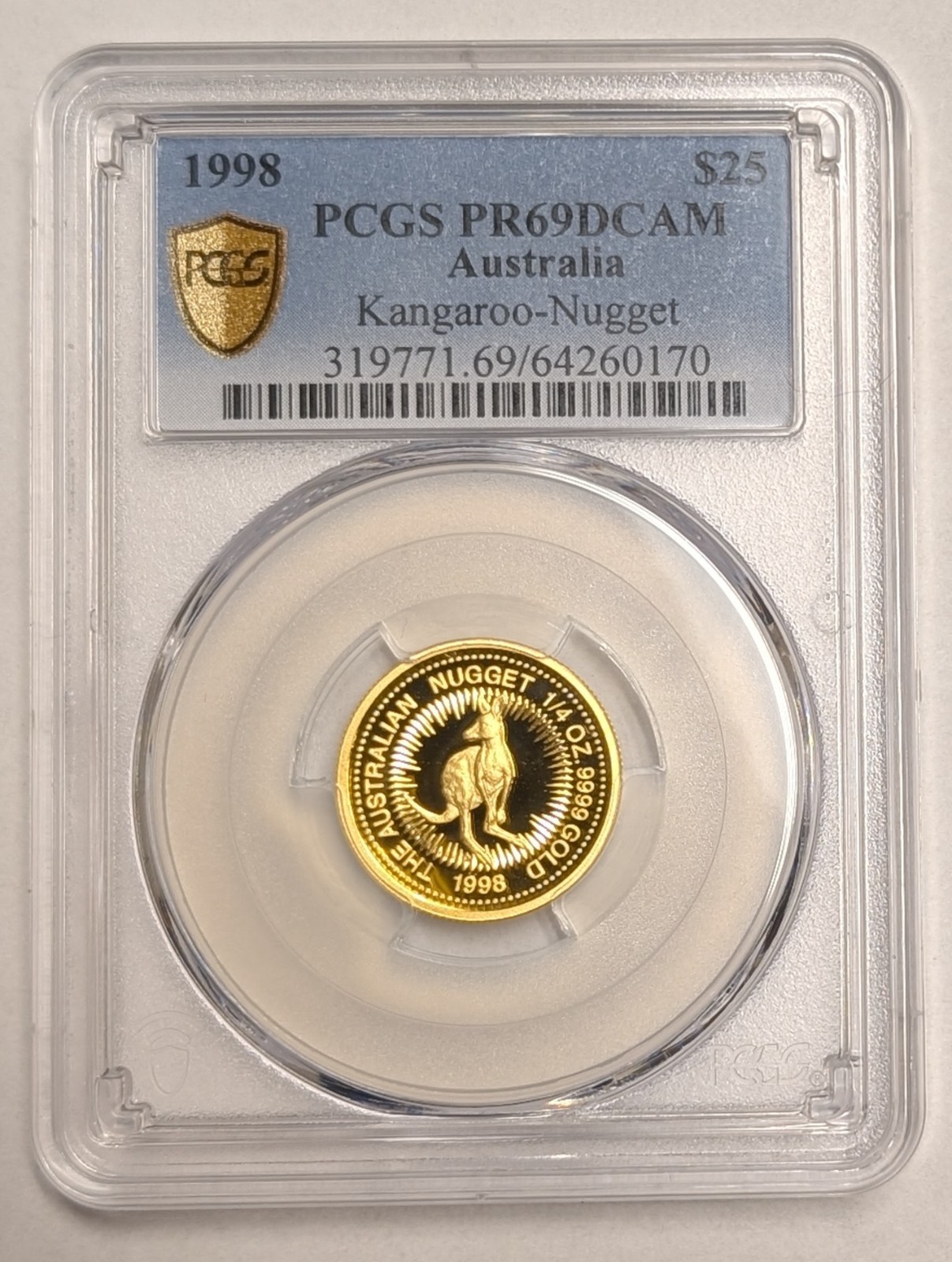 1998 Australia Proof $25 ~ 1/4 oz .9999 Gold ~ Kangaroo/Nugget ~ PCGS PR69 DCAM