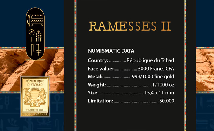 Ramesses II 1/1000 Oz .999 Gold in Coin card 3000 Francs Chad
