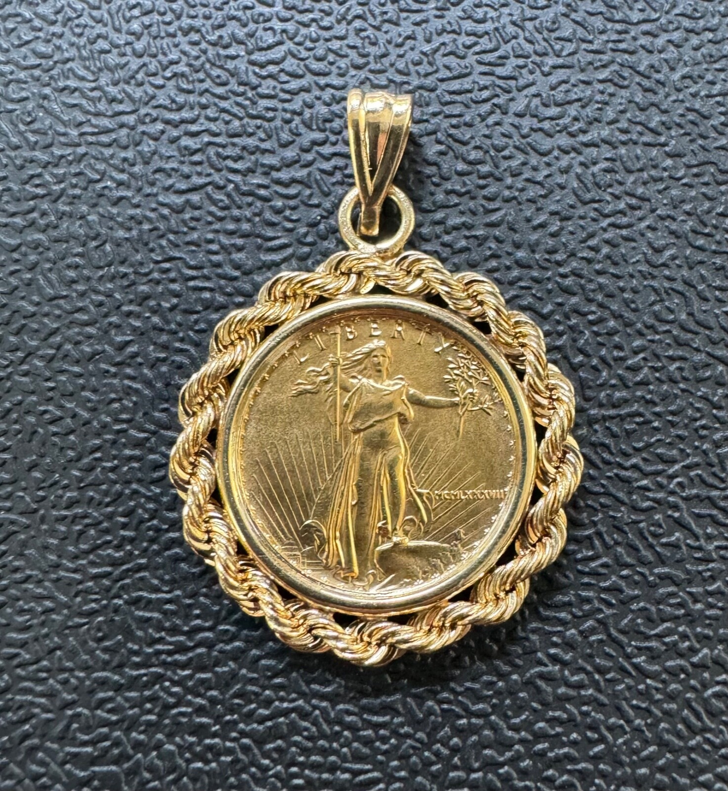 1987 American Gold Eagle $5 1/10ozt. Gold in 14kt Gold Rope Pendant, 3mm Bale