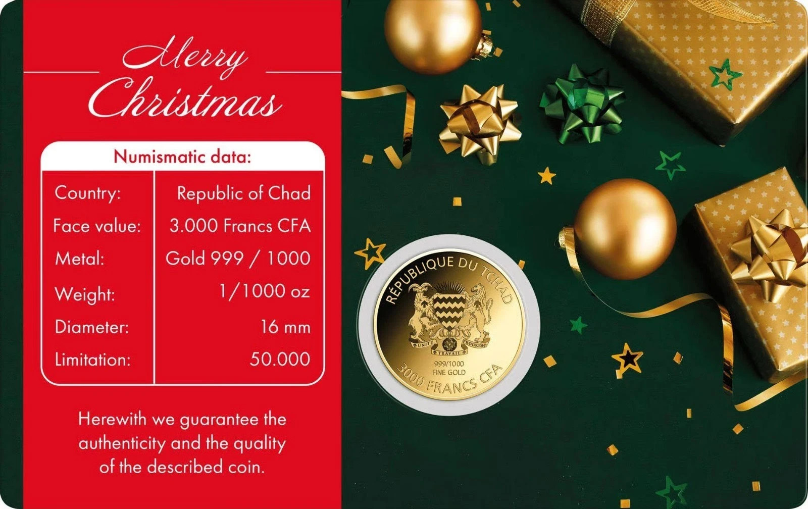 Chad 3000 CFA Franc Coca Cola Santa Christmas 1/1000 Oz .999 Gold in Card