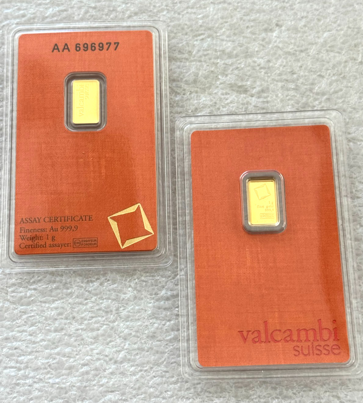 Valcambi Mint 1 gram gold bar in New Assay card of 999.9 fine gold 1g bar