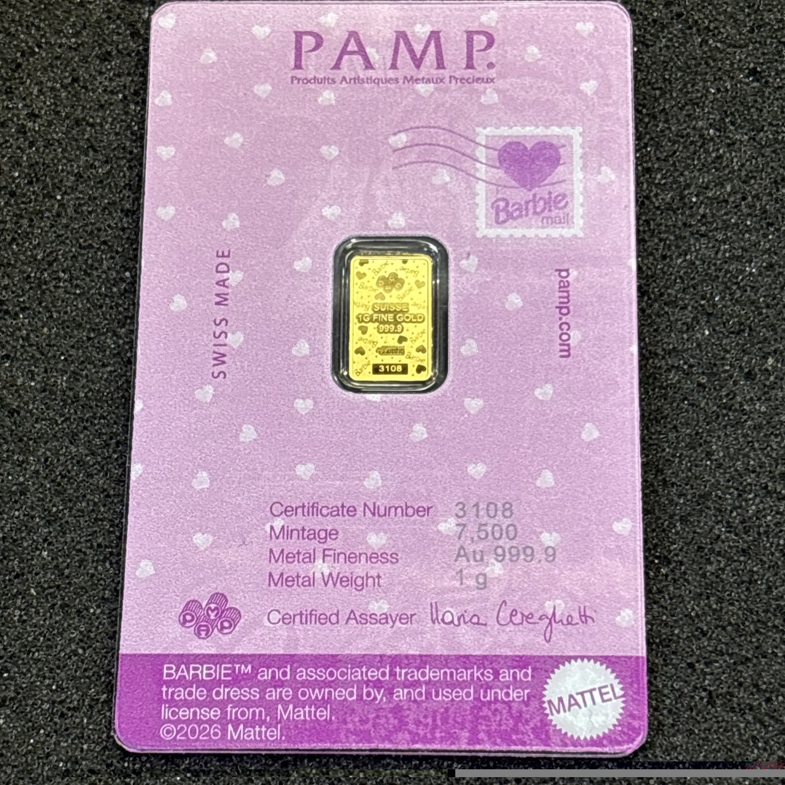 PAMP Suisse Barbie™ 1 Gram .9999 Fine Gold Bar With Sleeve- 5,000 Only