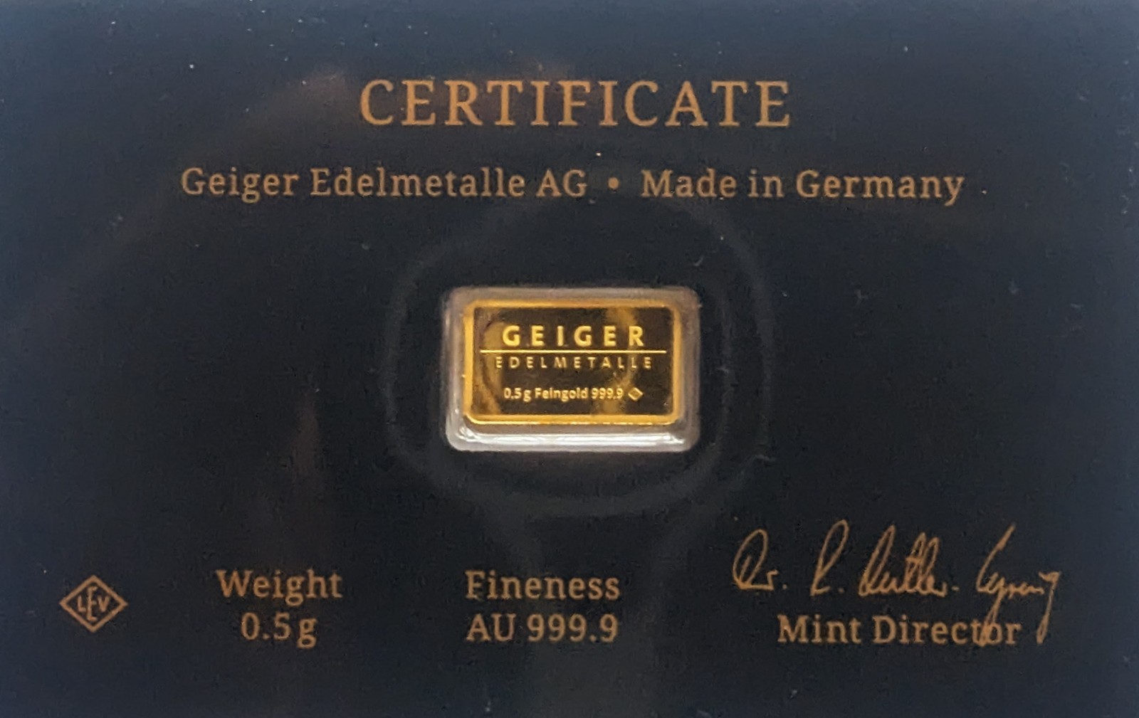 Geiger Schloss Guldengossa Vintage Edition Carded Gold Bar .5 Gram .999 Fine