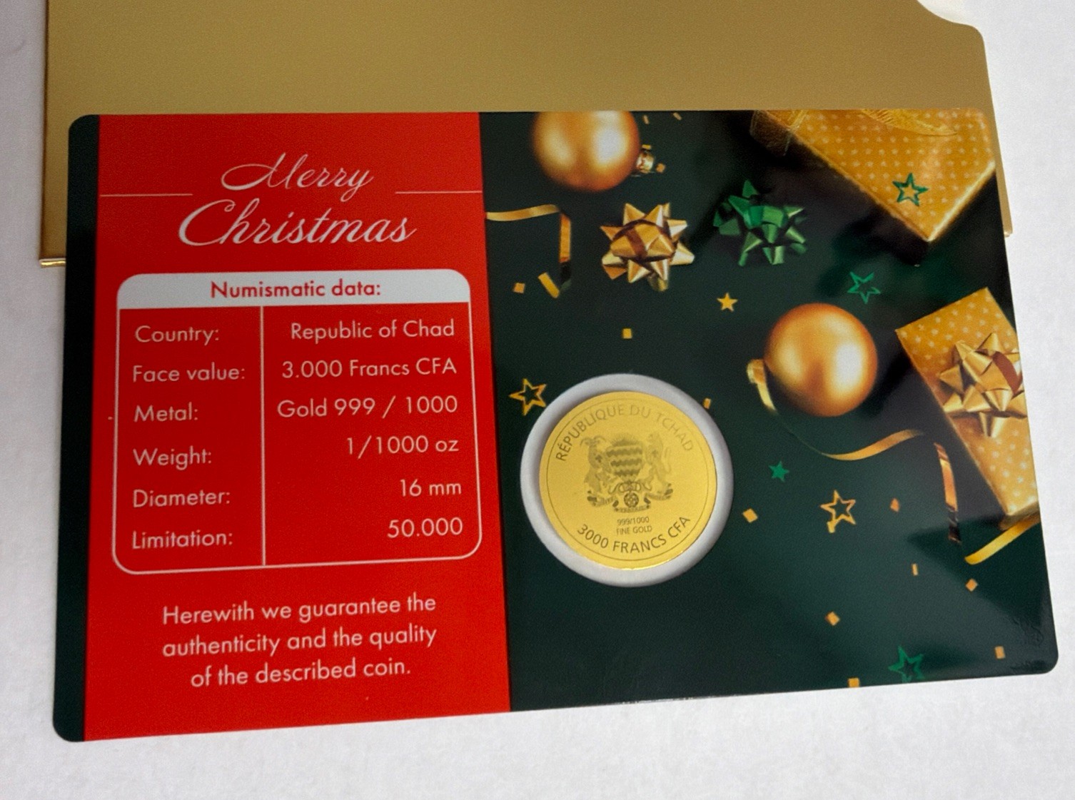 Coca-Cola Santa Christmas 1/1000 Oz .999 FINE Gold Coin Chad 3000 CFA Franc