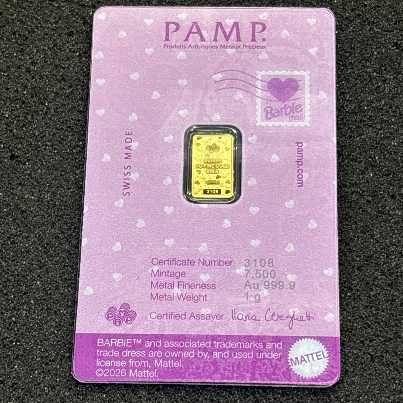 PAMP Suisse Barbie™ 1 Gram .9999 Fine Gold Bar With Sleeve- 5,000 Only