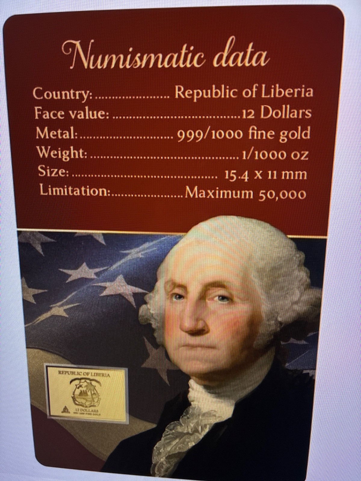 Liberia George Washington 1/1000 Oz Gold Coin in Card 50,000 Minted