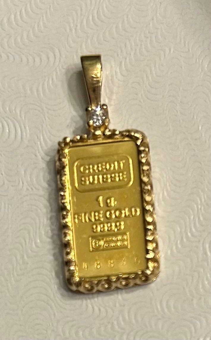 Credit Suisse 1 gram Gold Bar .999 ~ in 14 kt Gold Frame with Diamond ~2.6 grams
