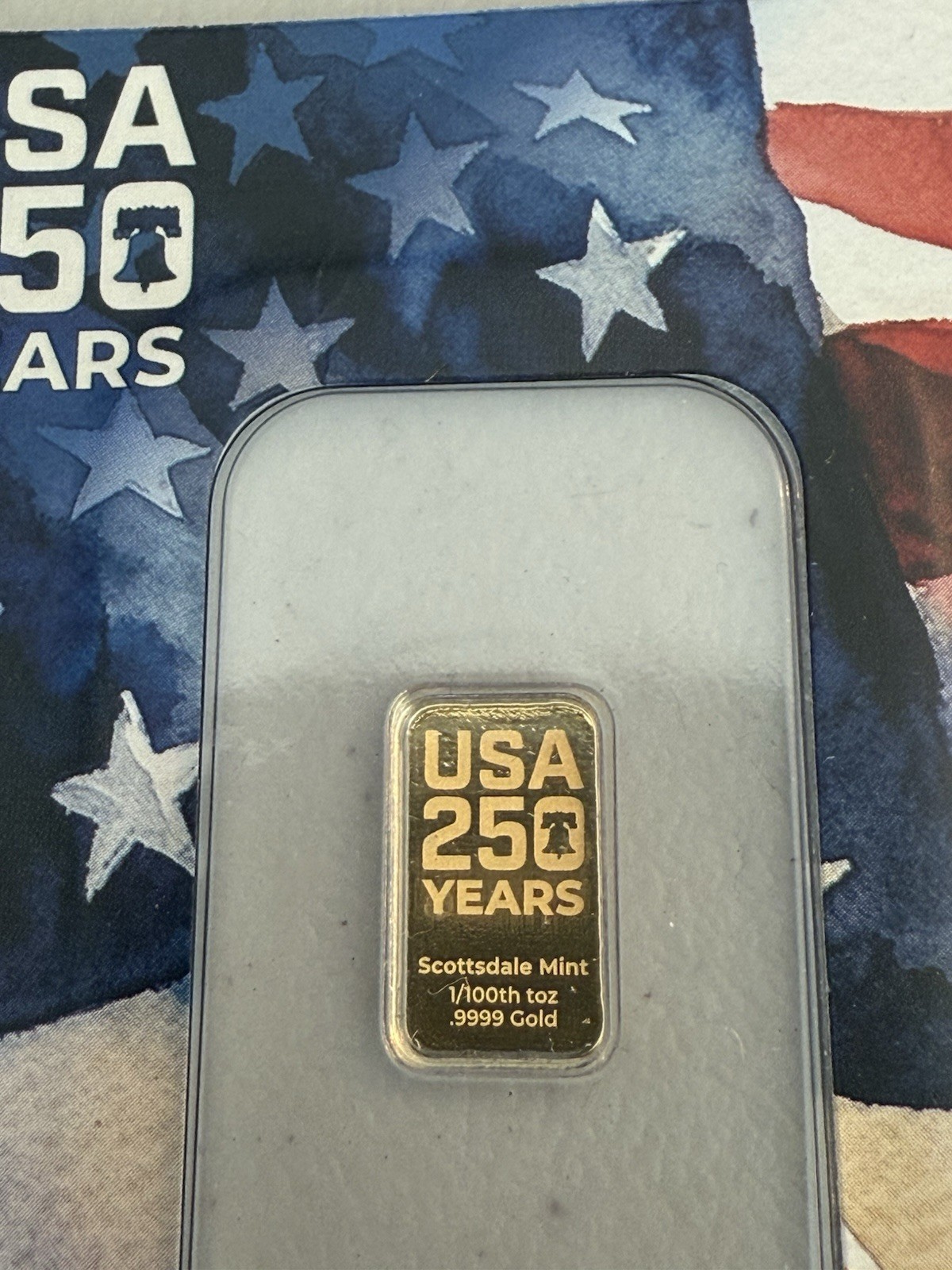 1/100 oz .9999 Gold Bar – USA 250th Anniversary (in Certi-Lock®)