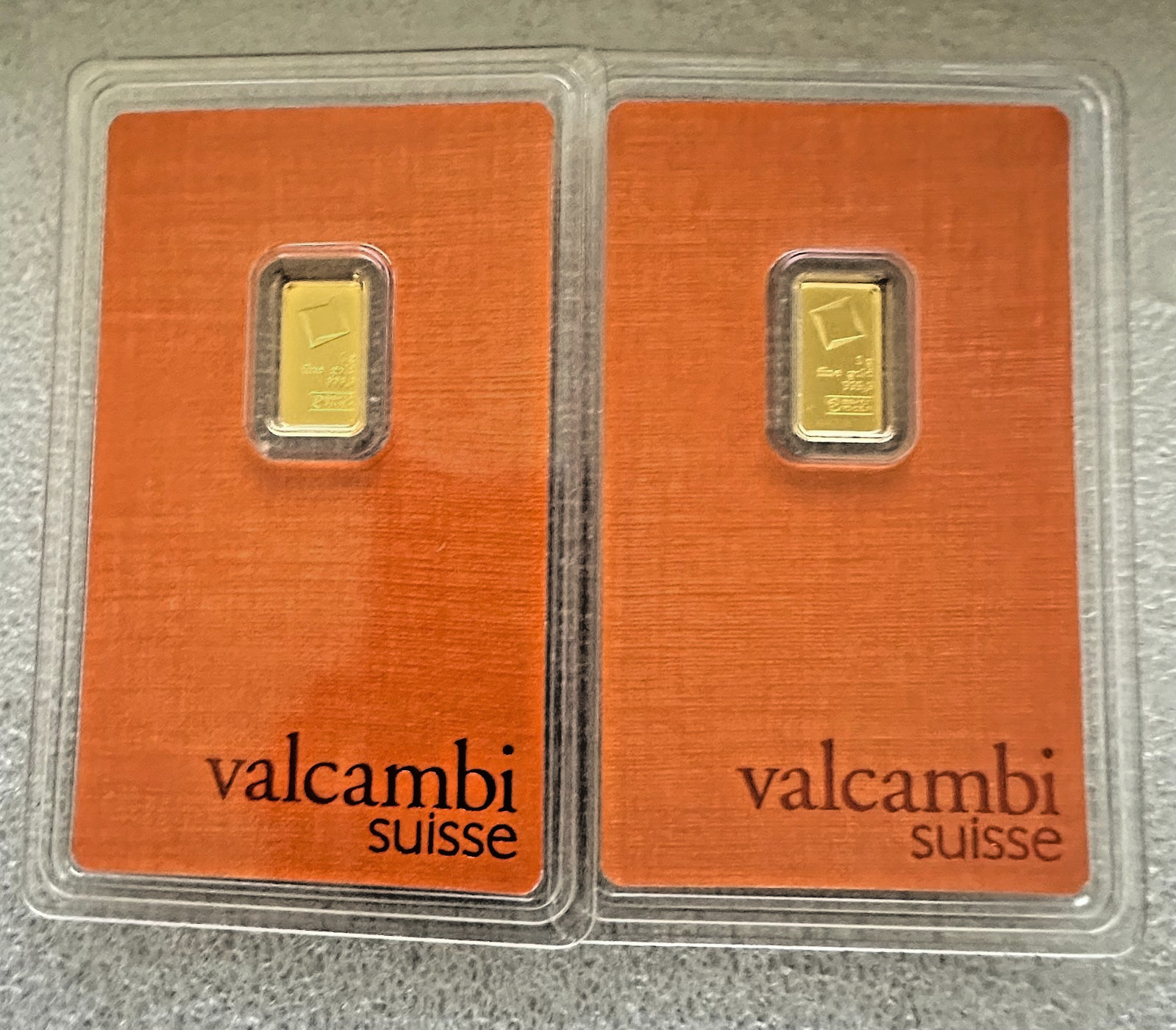 2) 1 gram Gold Bar Valcambi Suisse – 999.9 Fine in Assay Consecutive Numbers
