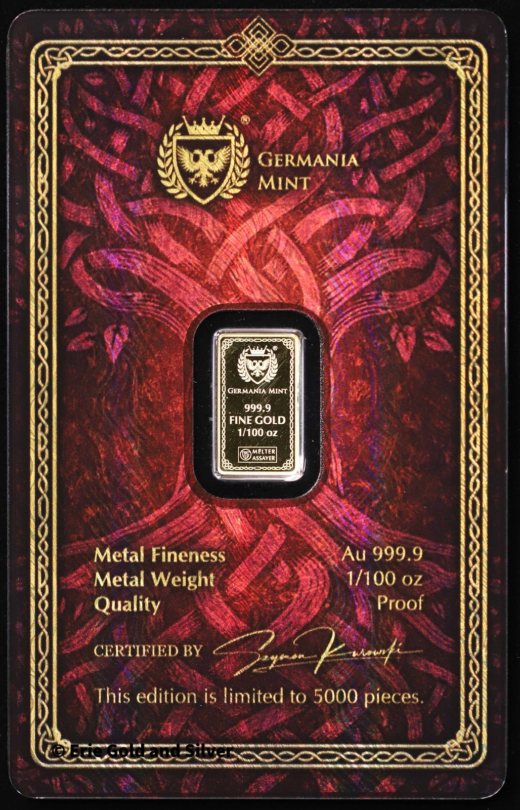 Germania Mint 1/100 oz Gold Bar Frigg in Assay Card