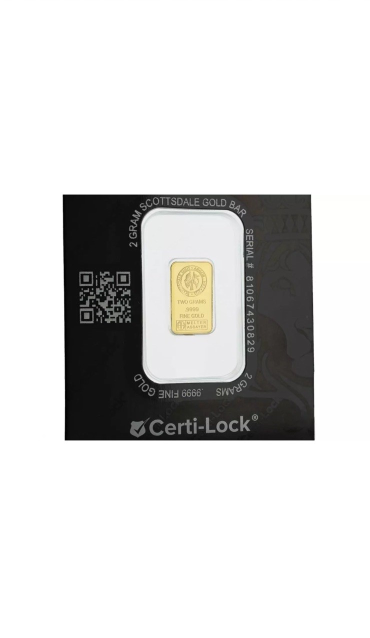 2 gram Scottsdale Mint .9999 Gold Bar – Sealed in Certi-Lock COA
