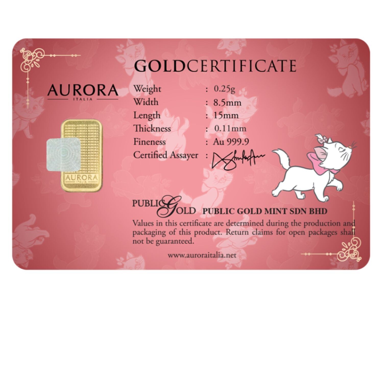 The Aristocats Marie Limited Edition Gold Bar 0.25gram 999.9 FreeShip