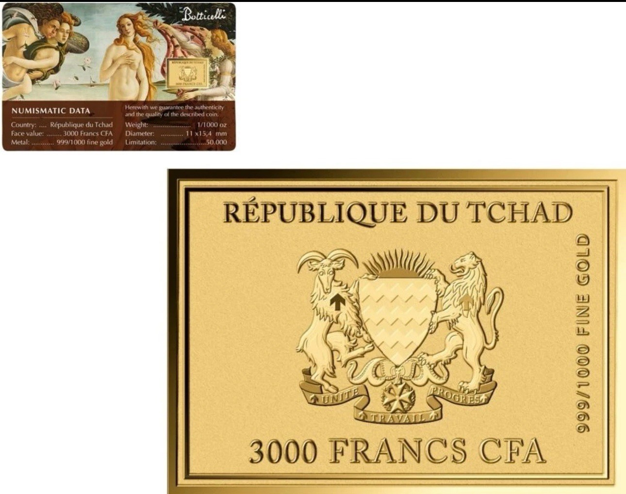 Birth of Venus By Botticelli 1/1000 Oz 999 Gold Coin Bar 3000 Francs Chad