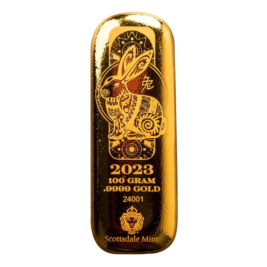 100 gram Gold Bar – 2023 Year of the Rabbit 3.2150 oz Gold Bullion Bar #A621