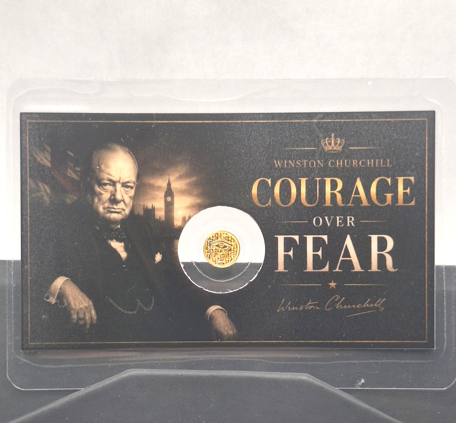 Winston Churchill Tribute Card w/ Genuine 1/500 oz .9999 Gold Eye of Ra Round