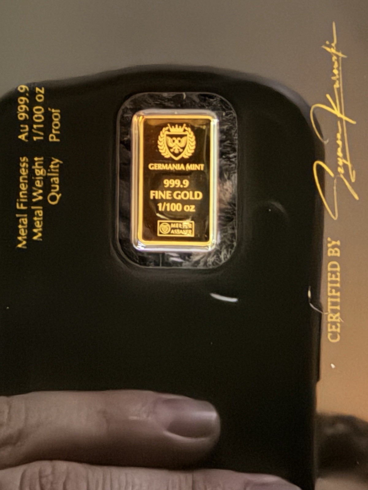 Germania Mint 1/100 oz 24Kt Gold Proof Bar .9999 Fine