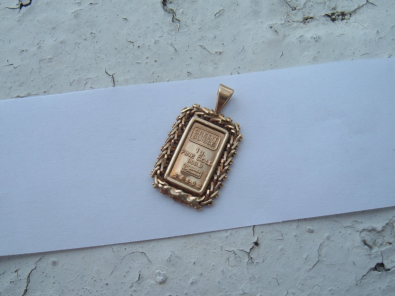 1 GRAM CREDIT SUISSE 999.9 GOLD BAR & 10K STAMPED MEXICO BEZEL PENDANT 3.2 GRAM