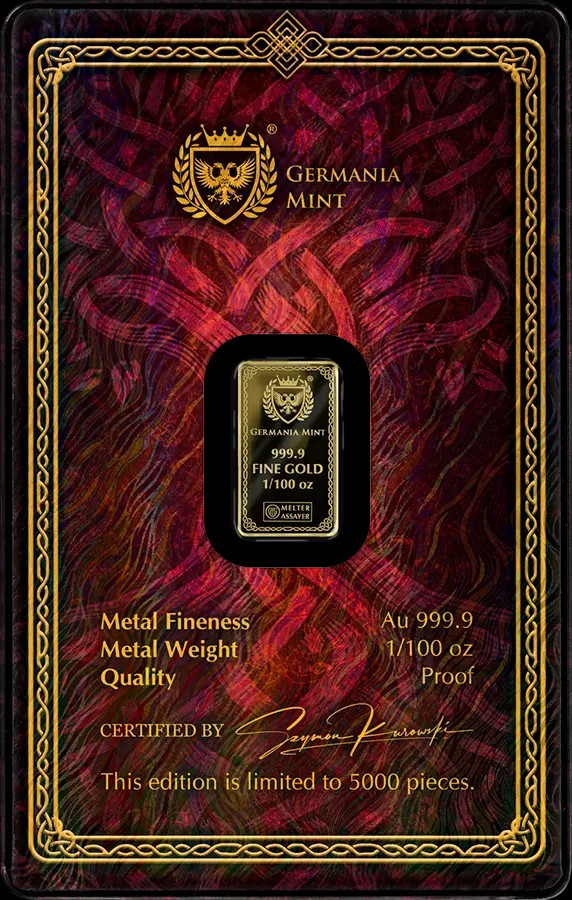 2026 Germania Mint Frigg 1/100oz Proof 9999 Gold Bar in Assay Mintage 5000