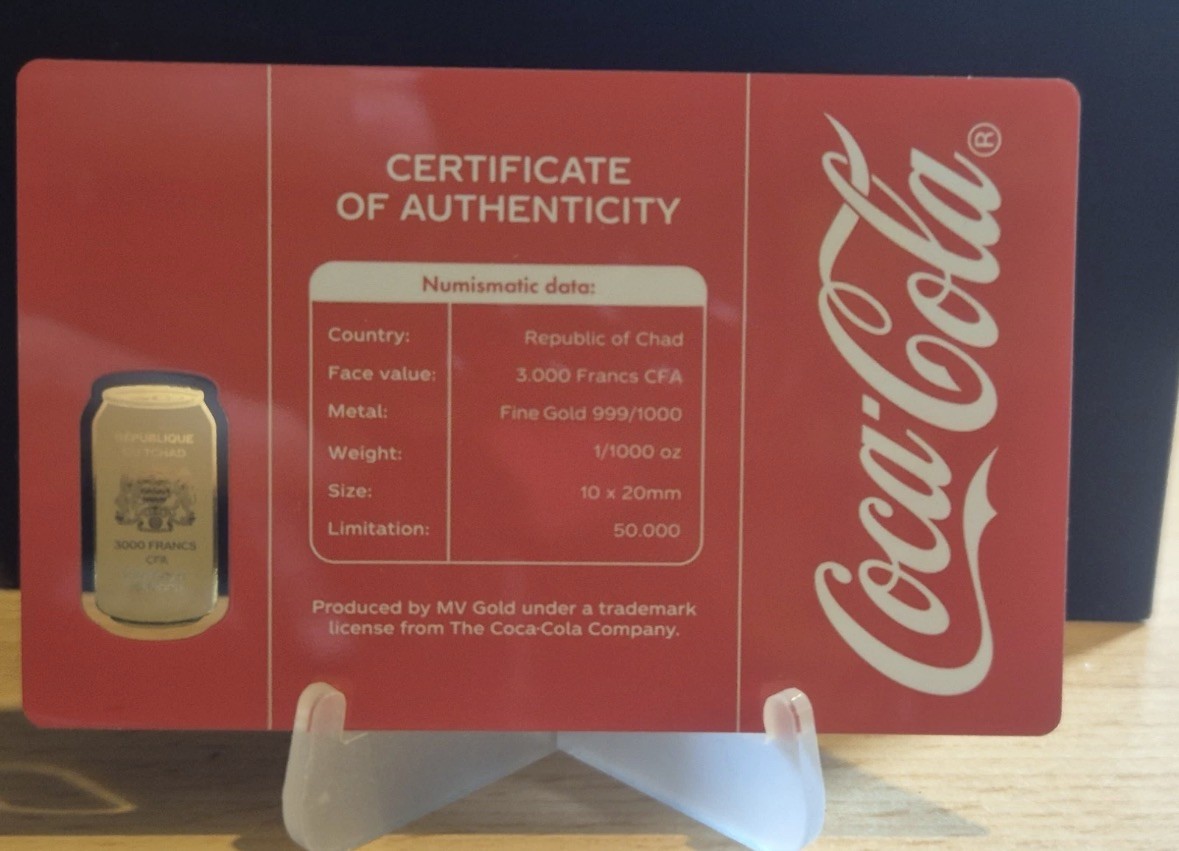 Coca-Cola 1/1000 oz Fine Gold Note Card with COA – Limited Edition Collectible