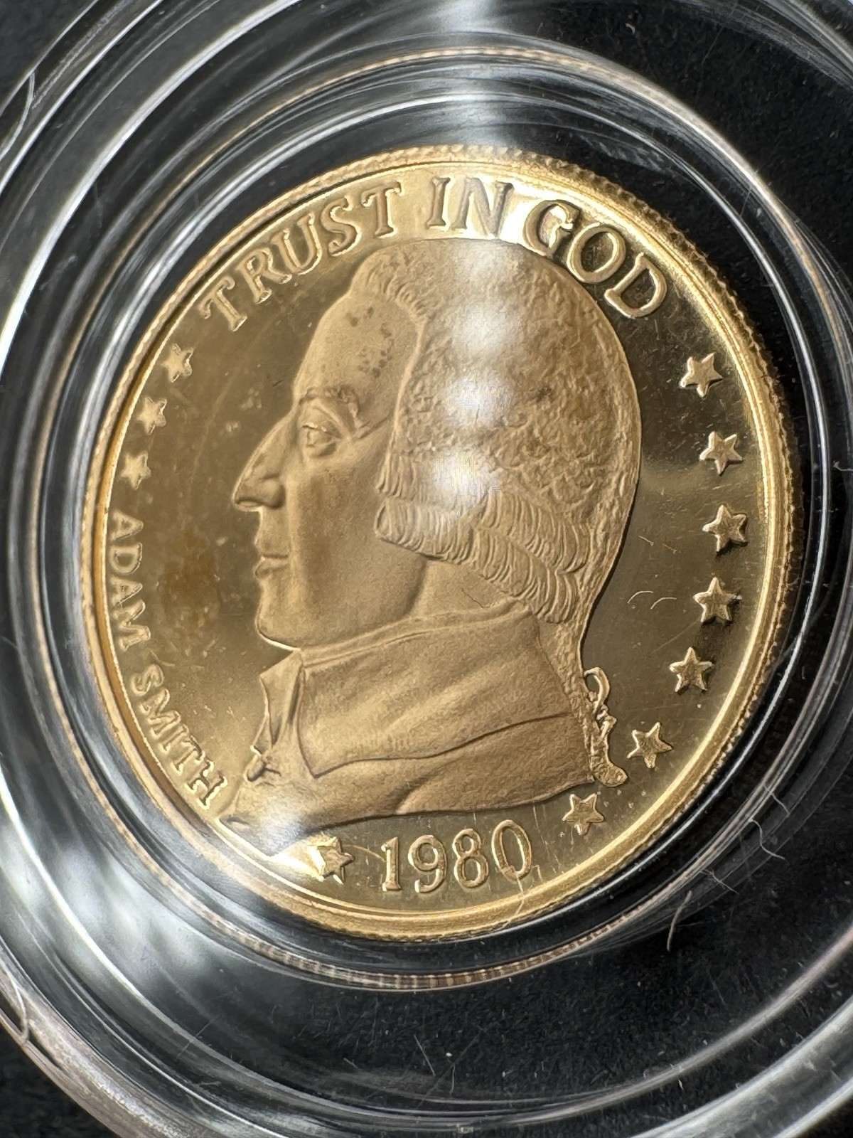 Rare 1980 1/10 oz .999 Gold Proof * Gold Standard Corporation Round * Adam Smith