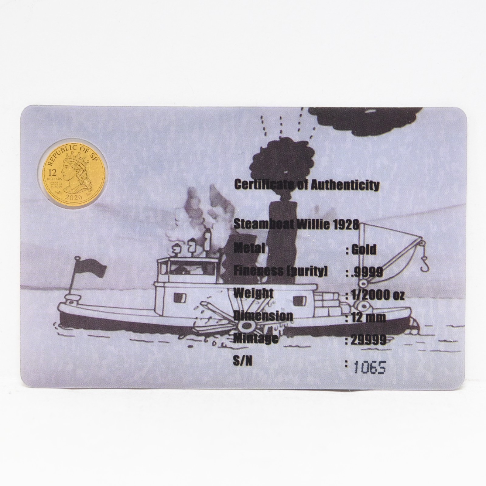 2026 Steamboat Willie 1928 Mickey Mouse 1/2000-oz .9999 Gold in Card Cert #1065