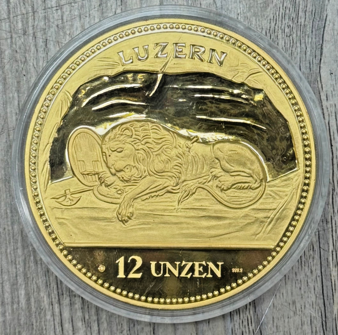 1988 Swiss Helvetia 12ozt. .9999 Gold Lion of Luzern Proof Coin OGP & COA
