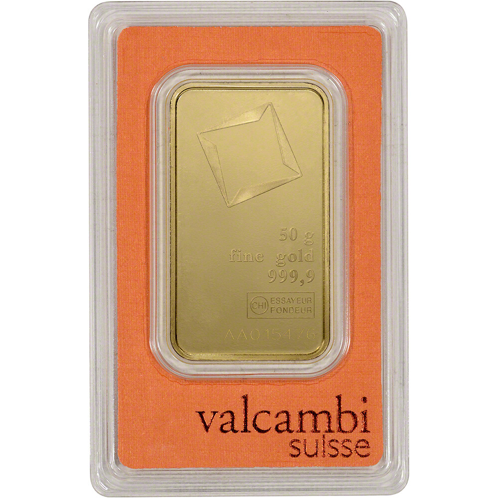 50 gram Gold Bar – Valcambi Suisse – 999.9 Fine in Sealed Assay