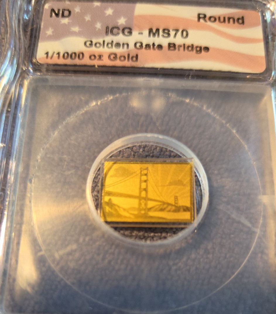 ICG Golden Gate Bridge SCM 1/1000 oz .999 Gold Round ICG MS 70