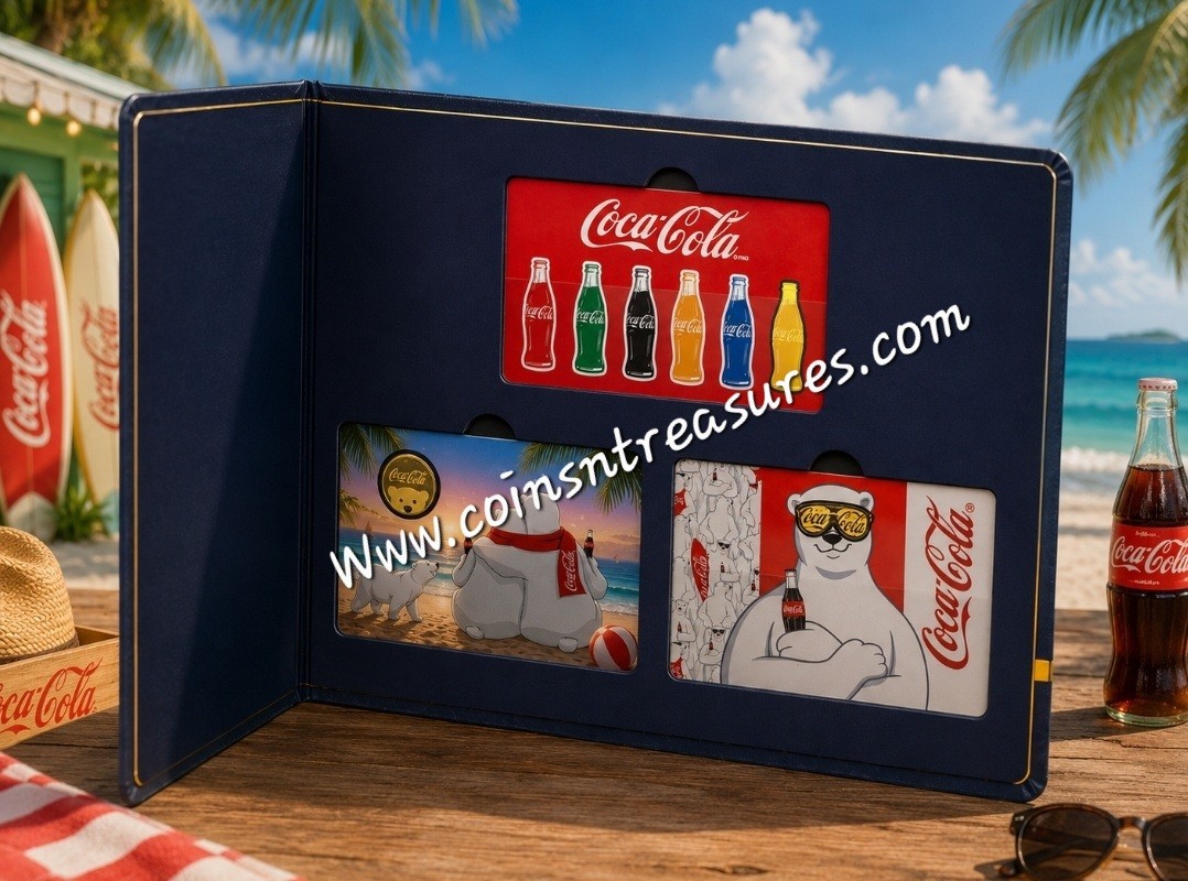 COCA COLA collection 1/1000 Oz .999 Gold 3 coin cards in Album