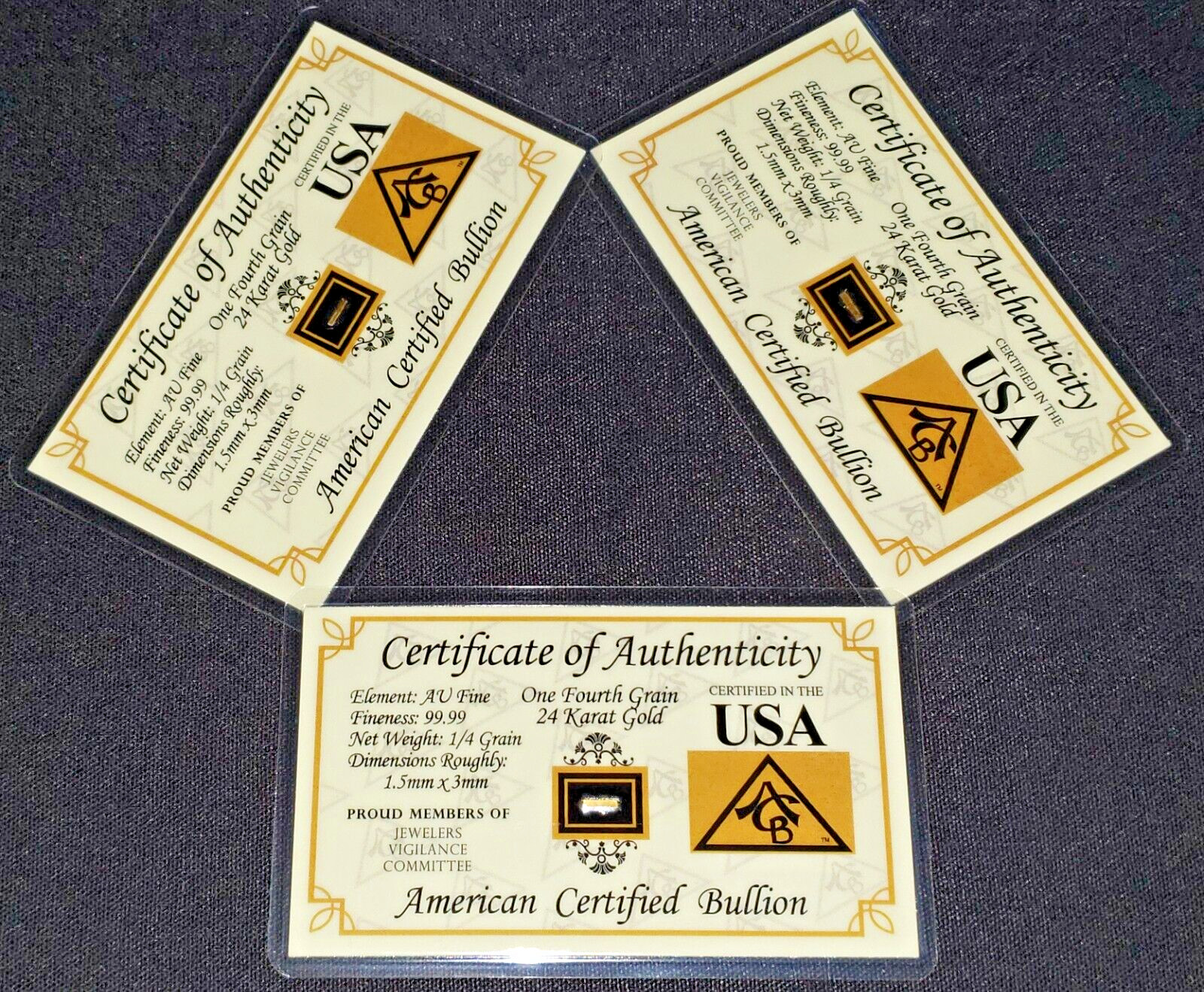 GOLD x3 ACB 1/4GRAIN 24K SOLID BULLION MINTED BAR 9999 FINE CERT/AUTHENTICITY|