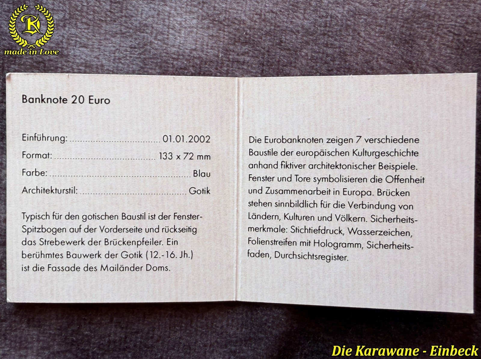 Gold Bar 20 Euro Banknote 999 Fine Gold 1/500 oz Miniature incl. Certificate