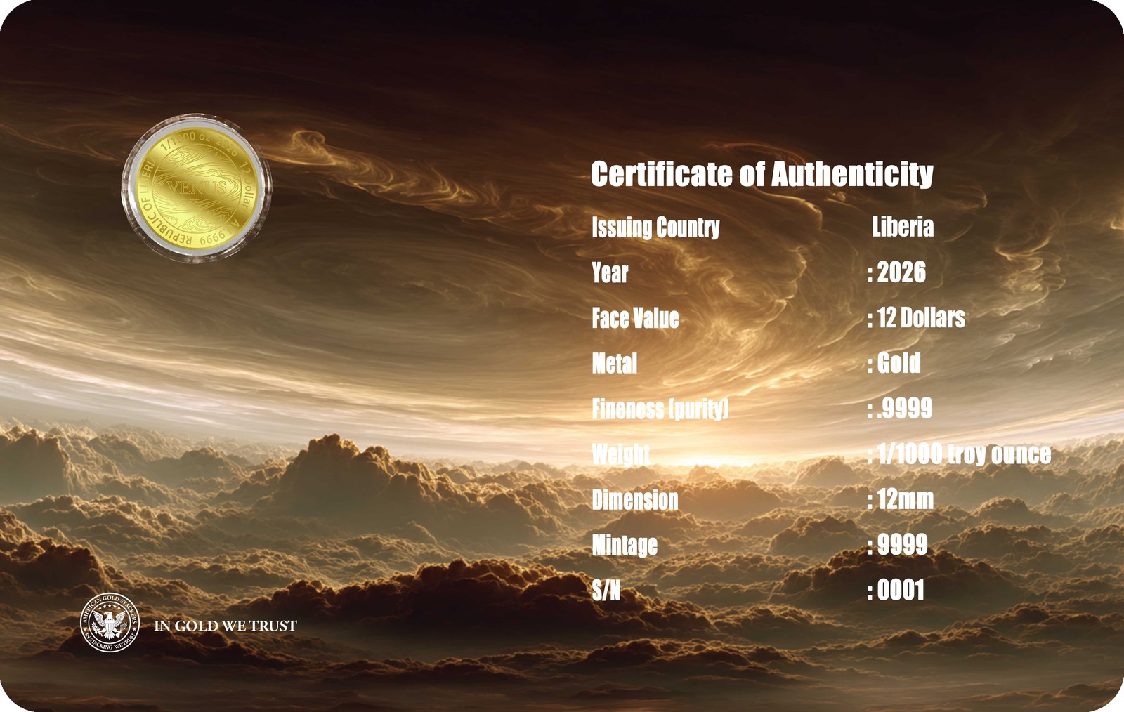 2026 Liberia Venus 1/1000 oz Gold Proof Coin in Assay Card