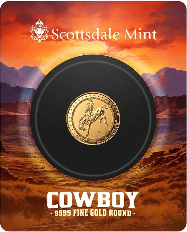 1/10 oz Scottsdale Cowboy with Buffalo Privy Gold Round w/ Error Packaging