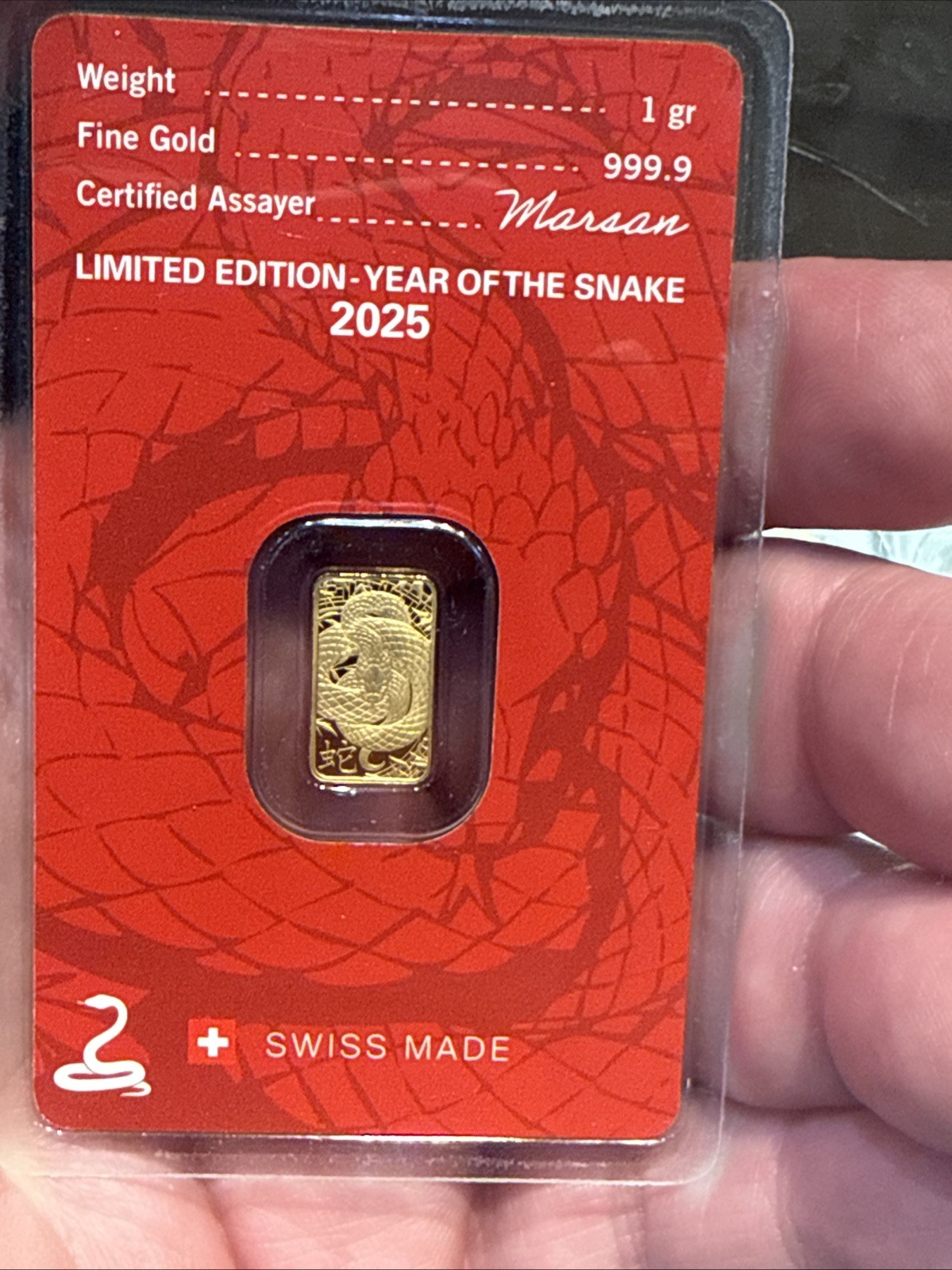 2025 Argor-Heraeus 1 Gram “Year of the Snake” Gold Bar ( In original package )
