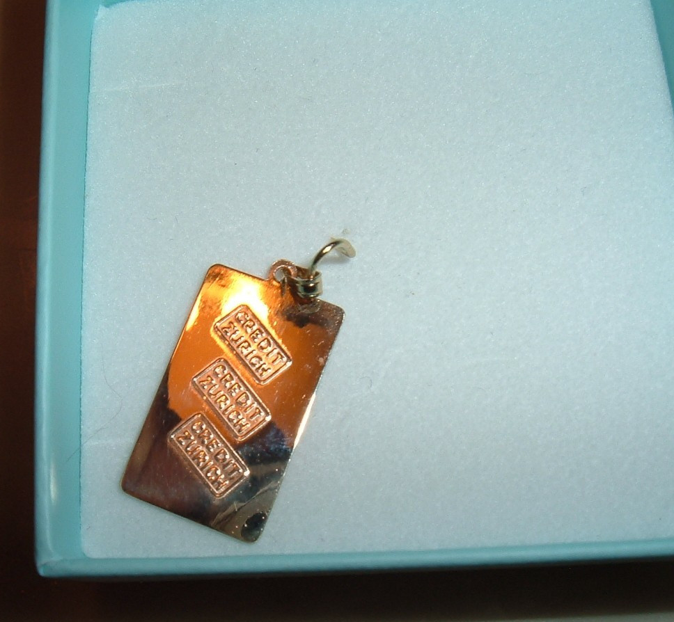 SOLID FINE 10K GOLD .416 BAR 1 GRAM INGOT CREDIT ZURICH PENDANT CHARM 2MM BAIL