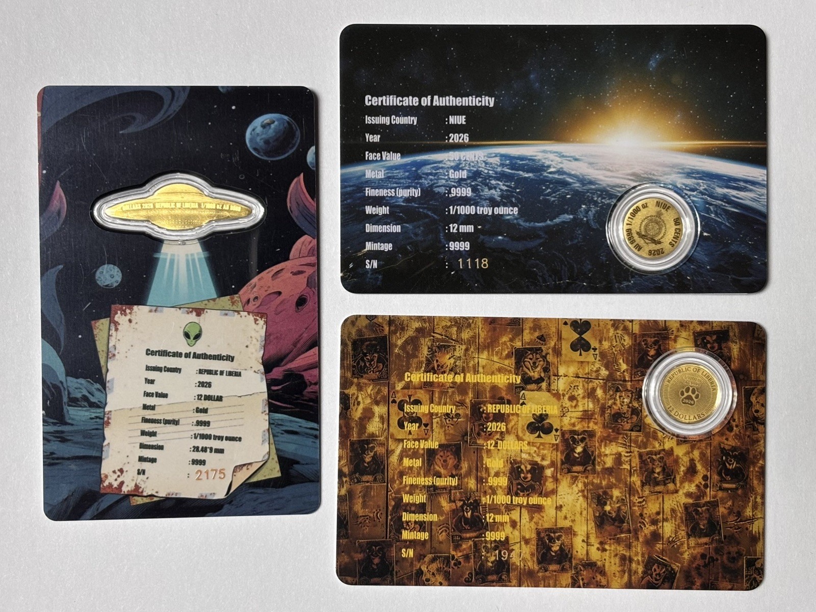 Lot of 3 – 1/1000th oz Gold Rounds Mix ~ UFO, Moon Landing, Poker Dogs ~