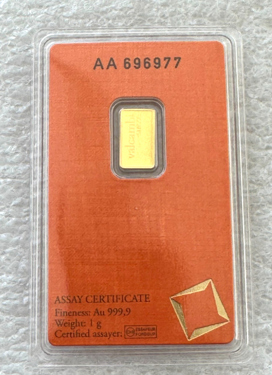 Valcambi Mint 1 gram gold bar in New Assay card of 999.9 fine gold 1g bar