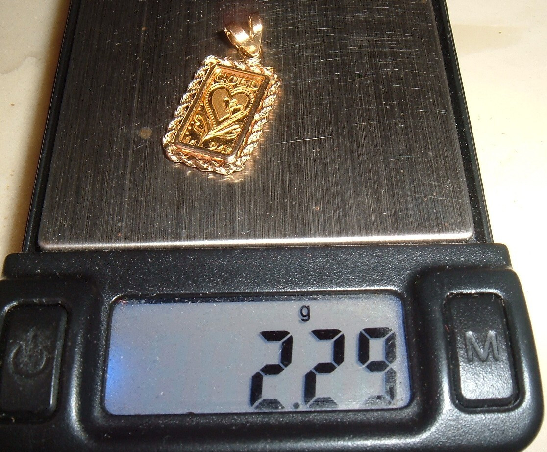 1 GRAM 24K .9999 FINE GOLD HEART BAR 14 KT ROPE BEZEL 4MM BAIL PENDANT 2.29g