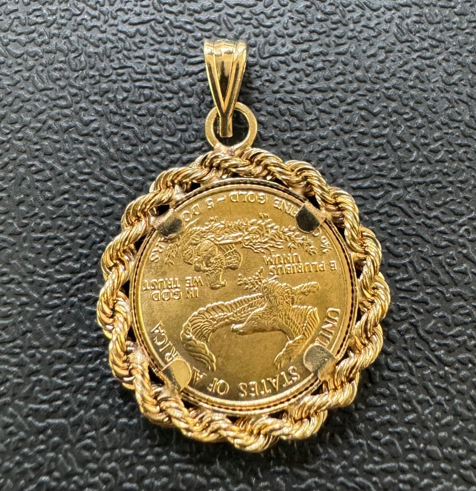 1987 American Gold Eagle $5 1/10ozt. Gold in 14kt Gold Rope Pendant, 3mm Bale
