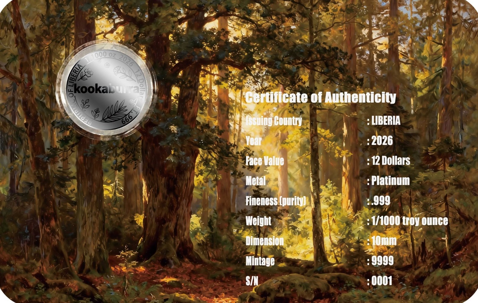 2026 Liberia Kookaburra 1/1000 oz Platinum Coin in Card (9,999 Mintage)