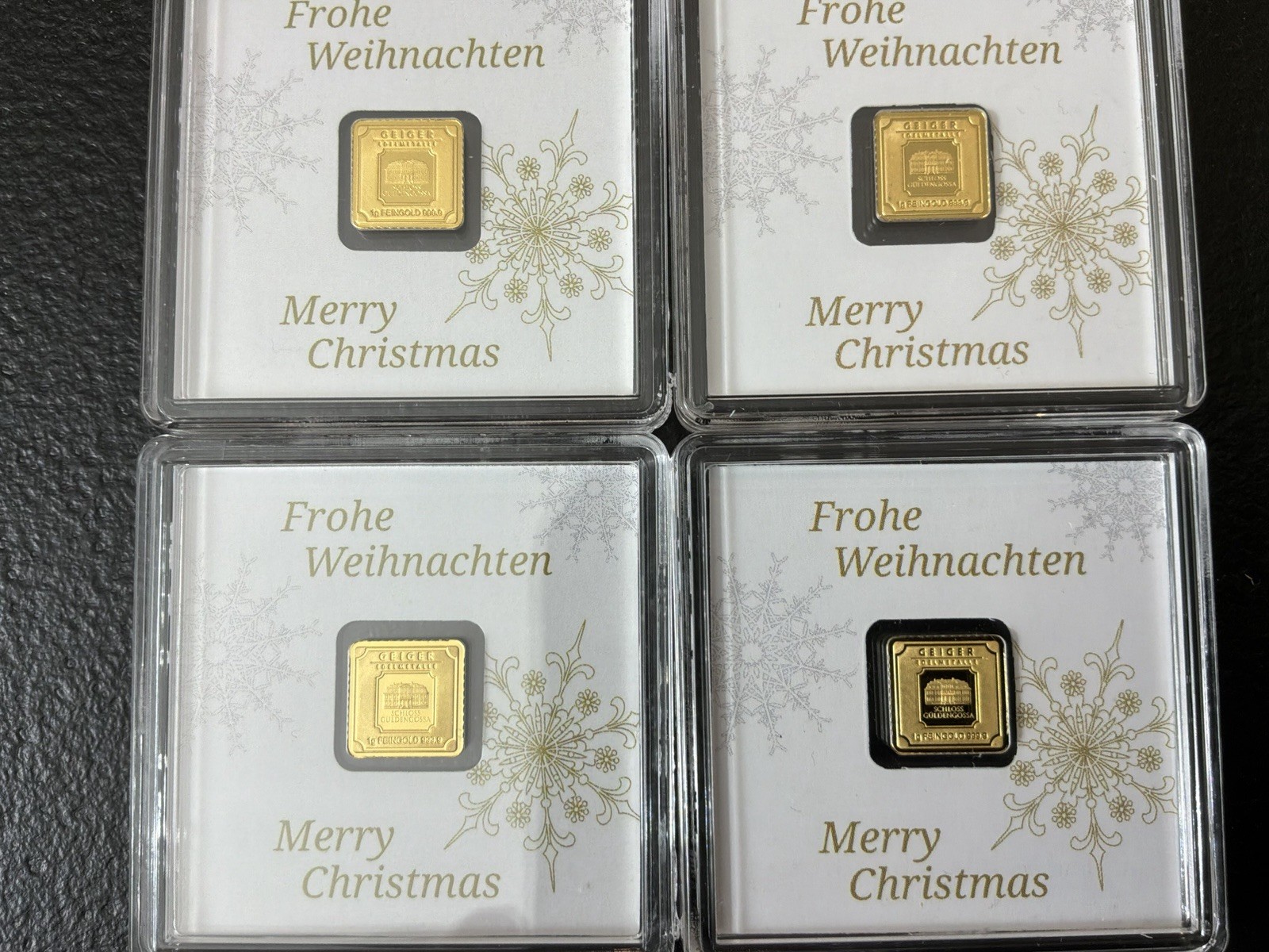 Lot of 4 – GEIGER 1 GRAM 999.9 GOLD BAR MERRY CHRISTMAS