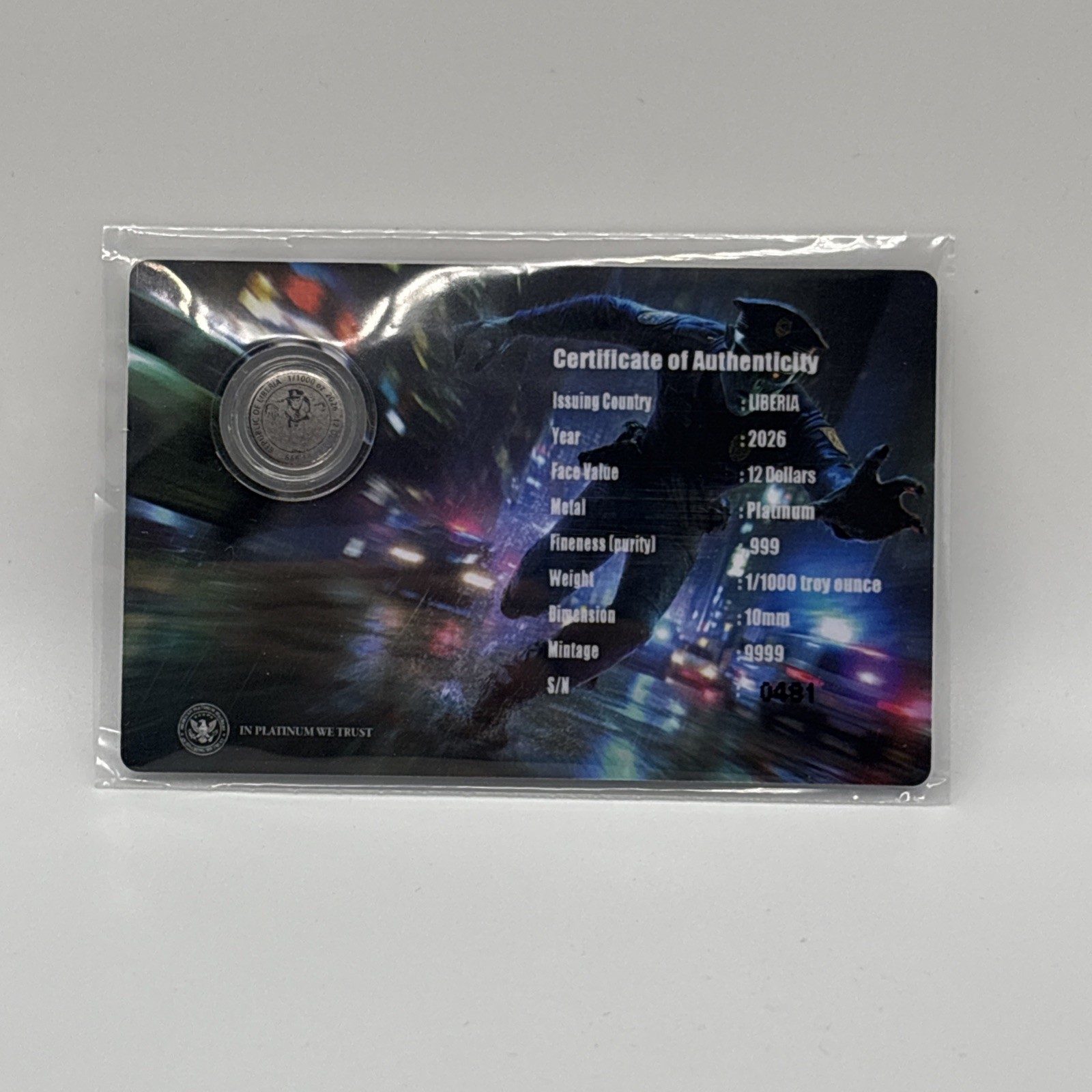 Alien First Response Police 1/1000th Platinum Round In Assay With Certificate