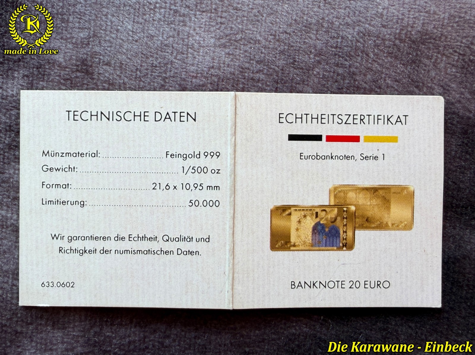 Gold Bar 20 Euro Banknote 999 Fine Gold 1/500 oz Miniature incl. Certificate