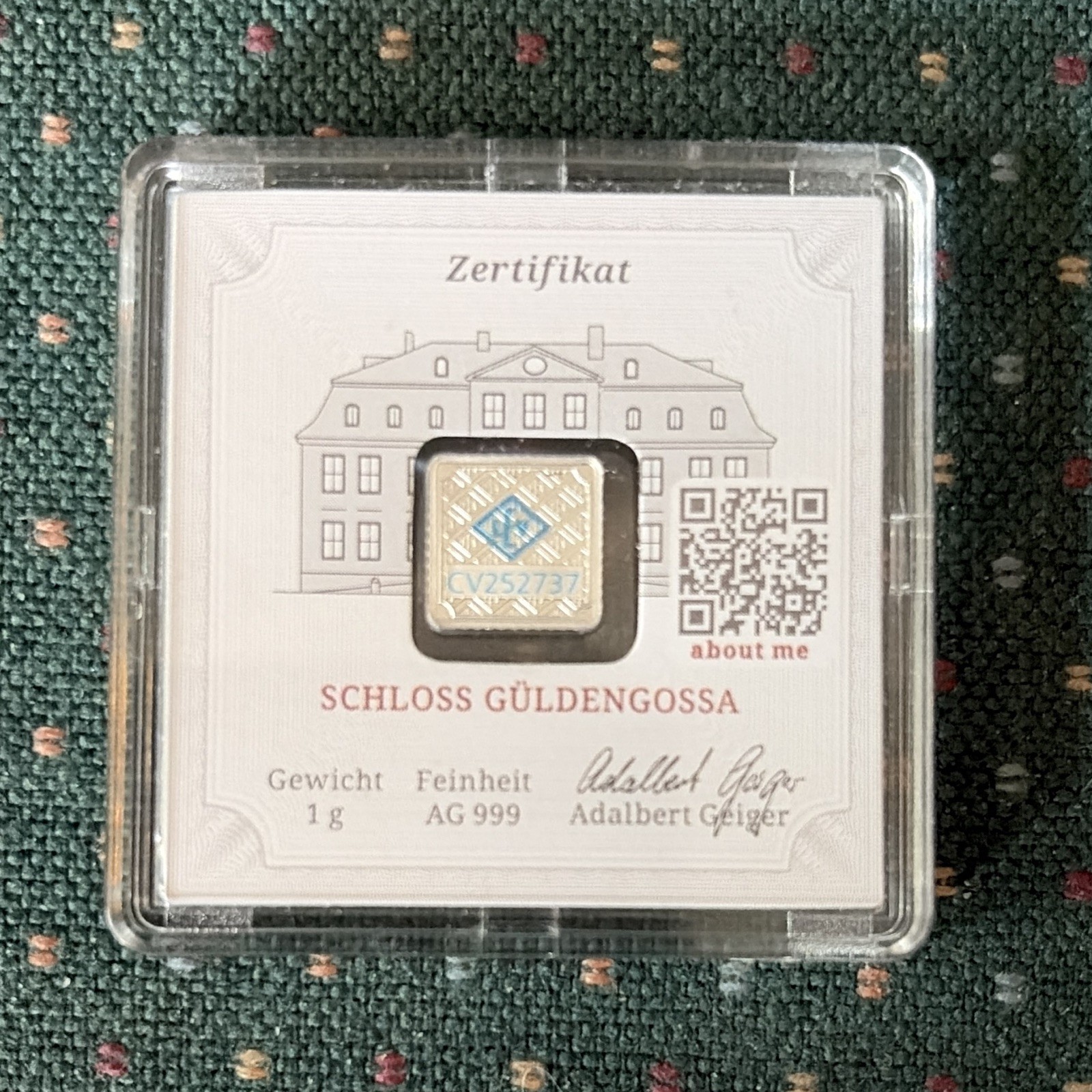 Geiger Original Premium 1 g Gold Bar Au 999.9 in Assay Card Made in Germany Cert